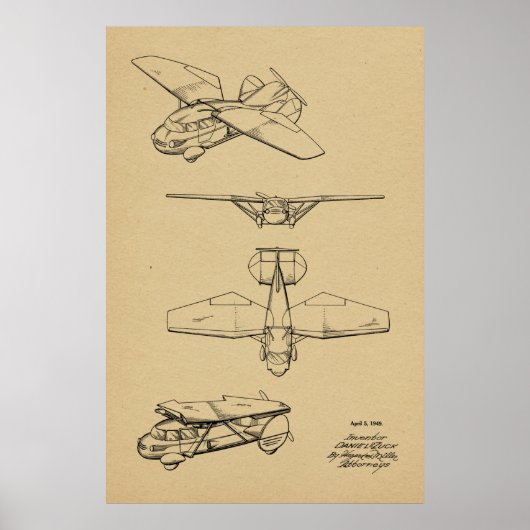 1949年飛んでいる自動車航空機特許スケッチプリント ポスター (正面)