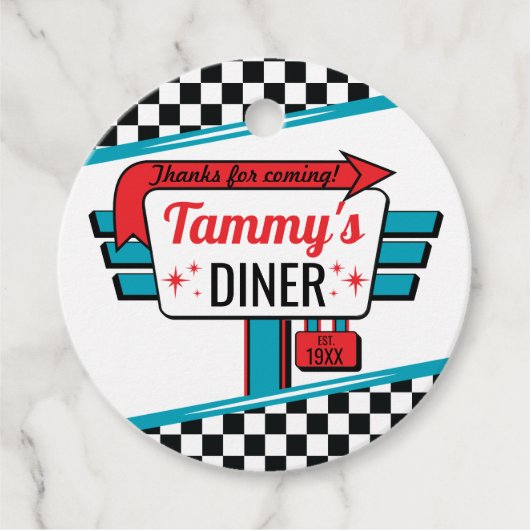 1950のダイナーレトロ誕生日お気に入りサークルのギフトラベル フェイバータグ (正面)