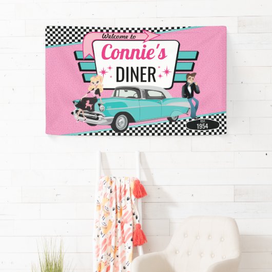 1950のダイナーレトロ車の誕生日パーティー靴下ホップ 横断幕 (インサイチュ)