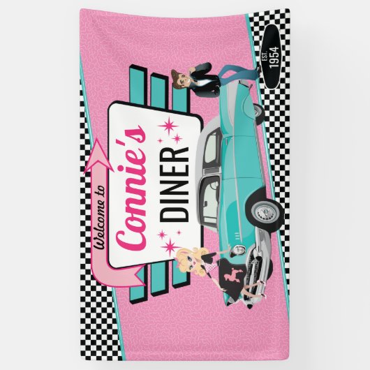 1950のダイナーレトロ車の誕生日パーティー靴下ホップ 横断幕 (縦)