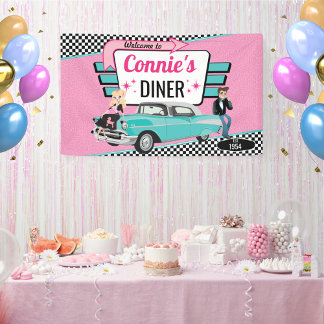 1950のダイナーレトロ車の誕生日パーティー靴下ホップ 横断幕