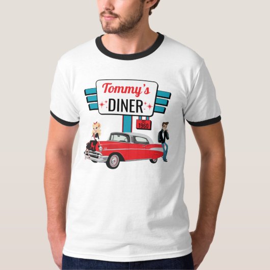 1950のダイナーレトロ車の誕生日パーティー靴下ホップ Tシャツ (正面)