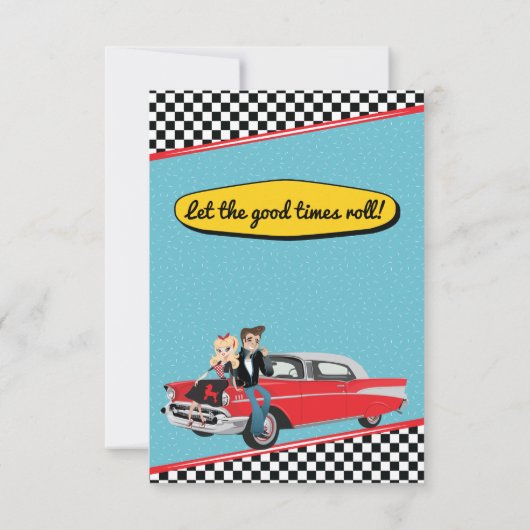 1950のレトロダイナーティール(緑がかった色)、黄色と赤のメニューカード 招待状 (裏面)