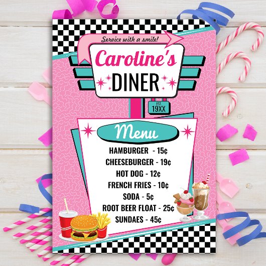 1950のレトロダイナーピンク&ティール(緑がかった色)メニューカード 招待状