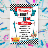 1950のレトロダイナーブラック、ホワイト&レッドのメニューカード 招待状