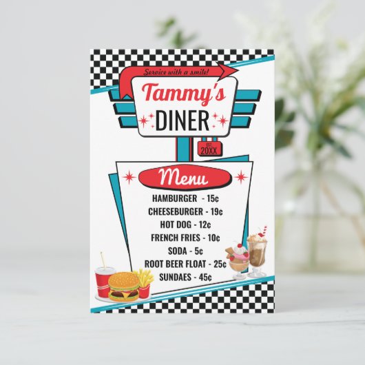 1950のレトロダイナーブラック、ホワイト&レッドのメニューカード 招待状 (スタンド正面)