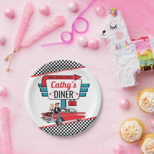 1950のレトロダイナーホワイト、ティール（緑がかった色）、赤い誕生日パーティー ペーパープレート (パーティー)