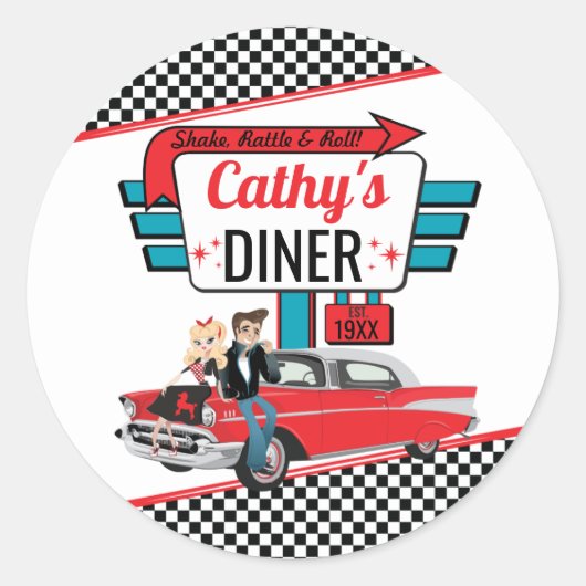 1950のレトロダイナーホワイト&レッドソックホップ ラウンドシール (正面)