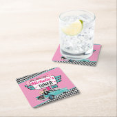 1950のレトロディーナーピンク&ティール（緑がかった色）誕生日パーティー スクエアペーパーコースター (インサイチュ)