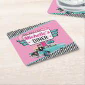 1950のレトロディーナーピンク&ティール（緑がかった色）誕生日パーティー スクエアペーパーコースター (アングル)