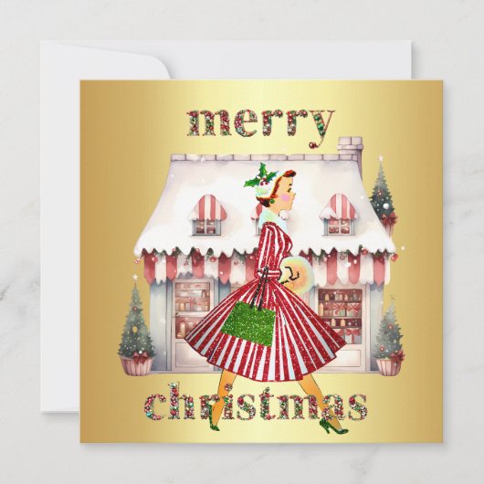 1950クリスマスヴィンテージレディショッピング シーズンカード (正面)