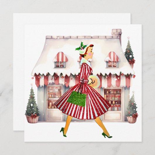 1950クリスマスヴィンテージレディショッピング シーズンカード (正面/裏面)