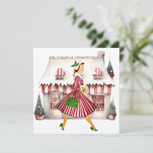 1950クリスマスヴィンテージレディショッピング シーズンカード (スタンド正面)