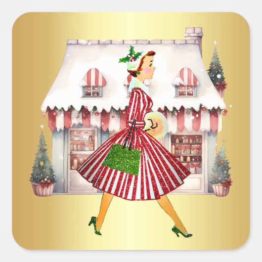 1950クリスマスヴィンテージレディショッピング スクエアシール (正面)