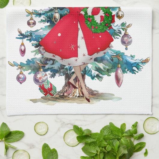 1950クリスマスヴィンテージレディ キッチンタオル (折り畳み)