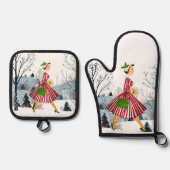 1950クリスマスヴィンテージレディ 鍋つかみ&鍋敷きセット (正面)