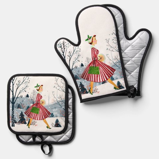 1950クリスマスヴィンテージレディ 鍋つかみ&鍋敷きセット (正面/裏面)