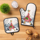 1950クリスマスヴィンテージレディ 鍋つかみ&鍋敷きセット (トップダウン)