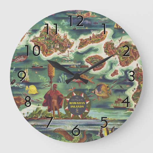 1950ドレのハワイ地図ジョセフ・フェアー・ダーク ラージ壁時計 (正面)