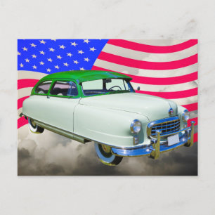 1950ナッシュアンバサダー車とアメリカ国旗 ポストカード
