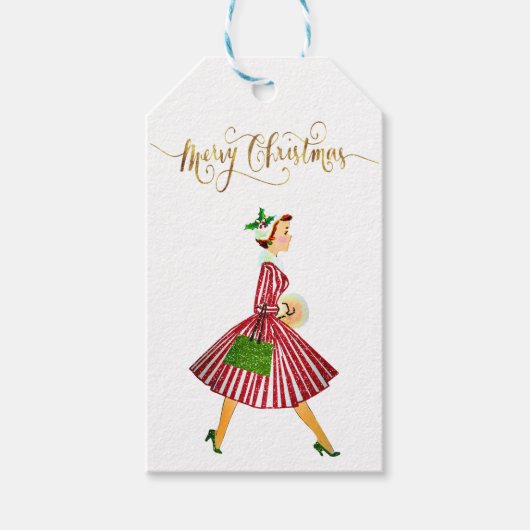 1950ビンテージクリスマス女性メリークリスマス ギフトタグ (正面)