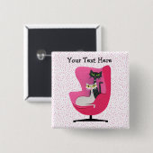 1950ファンシー年代のスタイル白黒猫たちピンクの椅子 缶バッジ (正面&裏面)