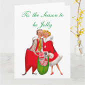 1950ヴィンテージカップルとクリスマスプレゼント袋 カード (黄色い花)