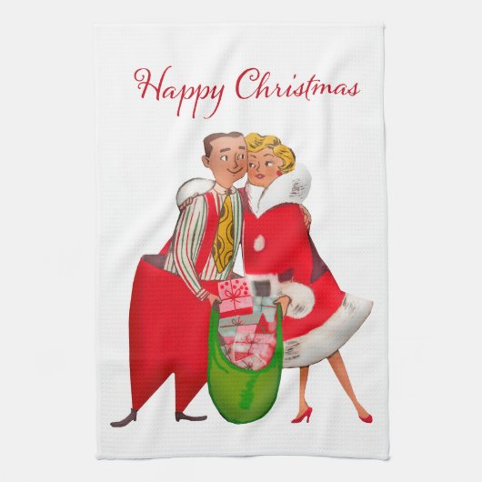 1950ヴィンテージカップルとクリスマスプレゼント袋 キッチンタオル (縦)