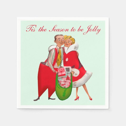 1950ヴィンテージカップルとクリスマスプレゼント袋 スタンダードカクテルナプキン (正面)