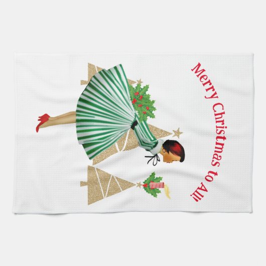 1950ヴィンテージレディークリスマスグリーティング キッチンタオル (横)