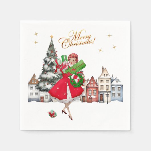 1950ヴィンテージレディークリスマスショッピング スタンダードカクテルナプキン (正面)