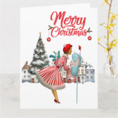 1950ヴィンテージレディ投稿クリスマスグリーティング カード (黄色い花)