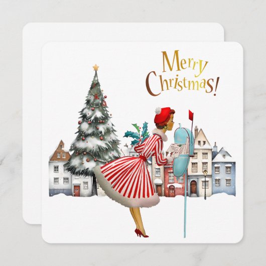 1950ヴィンテージレディ投稿クリスマスグリーティング シーズンカード (正面/裏面)