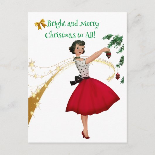 1950ヴィンテージレディ飾のクリスマスツリー シーズンポストカード (正面)