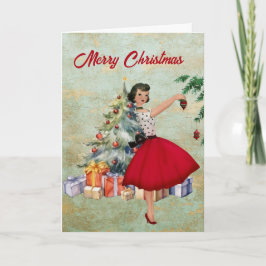 1950年のクリスマスの女性とクリスマスツリー カード
