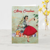 1950年のクリスマスの女性とクリスマスツリー カード (黄色い花)