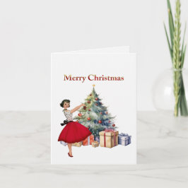 1950年のクリスマスの女性とクリスマスツリー カード