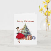 1950年のクリスマスの女性とクリスマスツリー カード (黄色い花)