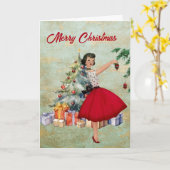 1950年のクリスマスの女性とクリスマスツリー カード (黄色い花)