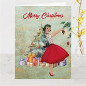 1950年のクリスマスの女性とクリスマスツリー カード (黄色い花)