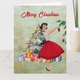 1950年のクリスマスの女性とクリスマスツリー カード
