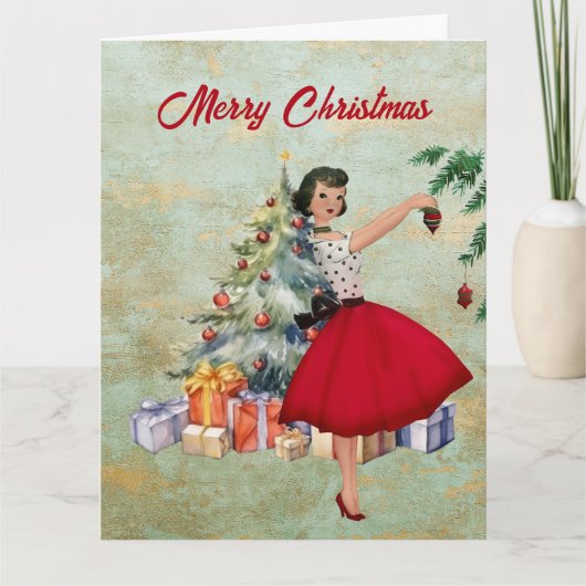 1950年のクリスマスの女性とクリスマスツリー カード (正面)