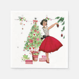 1950年のクリスマスの女性とクリスマスツリー スタンダードカクテルナプキン
