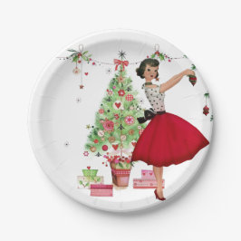 1950年のクリスマスの女性とクリスマスツリー ペーパープレート