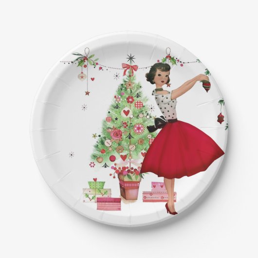 1950年のクリスマスの女性とクリスマスツリー ペーパープレート (正面)