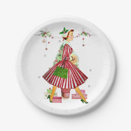 1950年のクリスマスの女性とクリスマスツリー ペーパープレート