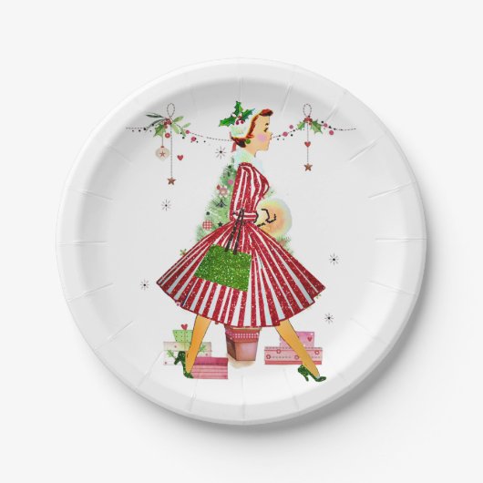 1950年のクリスマスの女性とクリスマスツリー ペーパープレート (正面)