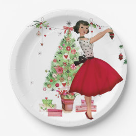 1950年のクリスマスの女性とクリスマスツリー ペーパープレート