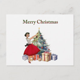 1950年のクリスマスの女性とクリスマスツリー ポストカード