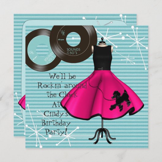 1950年のテーマ誕生日パーティーへの招待 招待状 (正面/裏面)